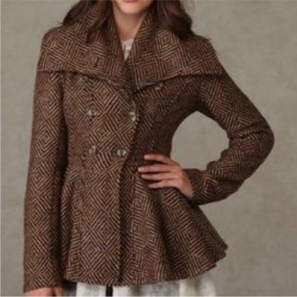 Free People Brown Metallic Patricia Pea Coat Chevron Tweed Peplum Ruffle Jacket - Picture 3 of 15
